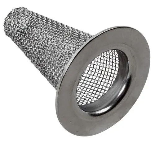 Metallisches Kegelsieb mit einer konischen Form und drahtgewebter Struktur, hergestellt von Wolf. Geeignet für Anwendungen im Bereich Filtration oder Abscheidung.